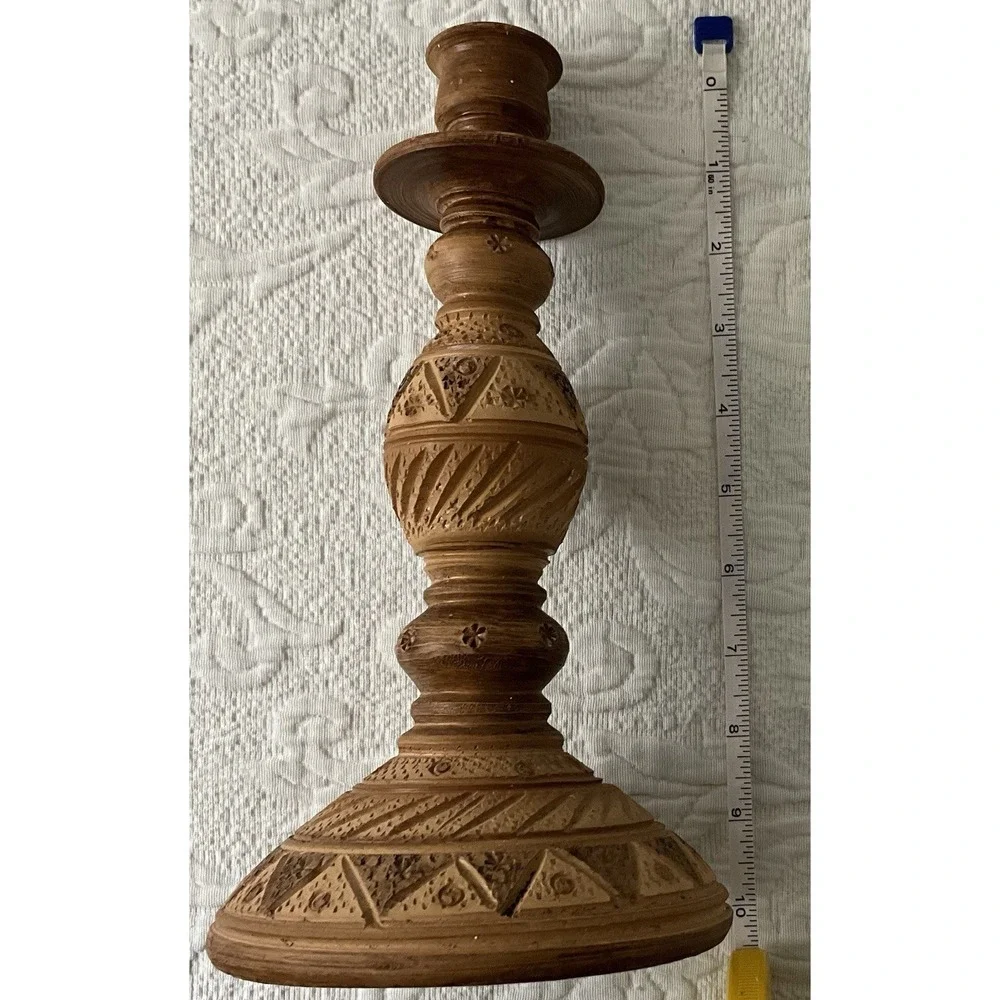 Ten 10 Inch Tall Wooden Candlestick Holder Carved Design Wood Home Boho‎ Hippy